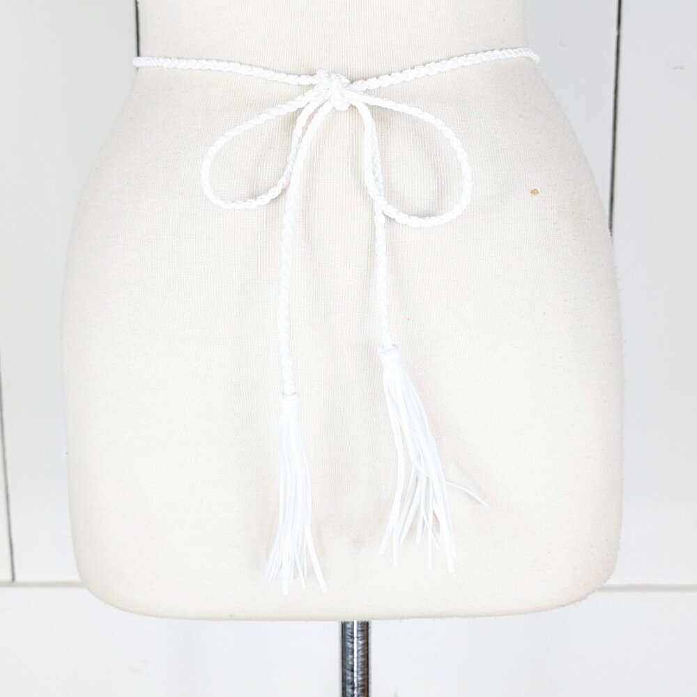 White braided faux suede rope chord fringe tassel tie belt - Picture 3 of 4